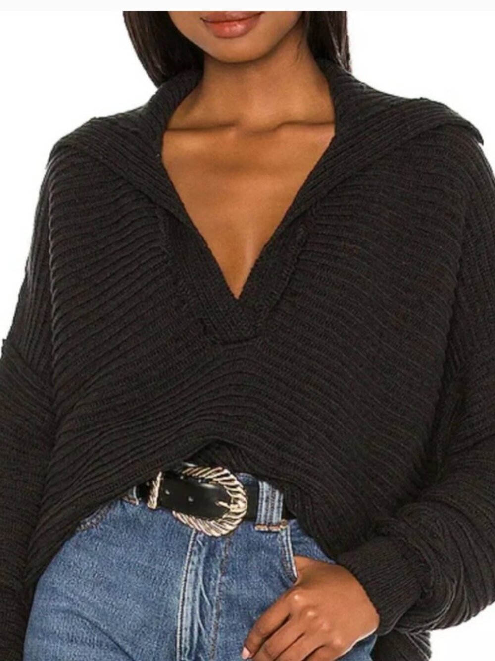 Free People Marlie Pullover sweater Knit V-neck collar in Black